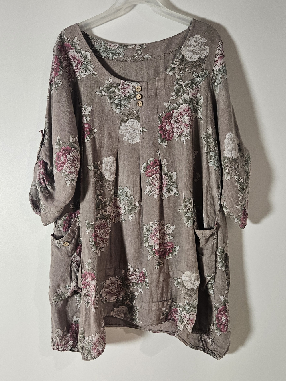 Floral 100% Linen Made in Italy Scoop Neck BohoTunic in Muted Taupe and Pink - Picture 2 of 9